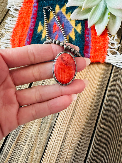 Navajo Sterling Silver Pearl & Orange Spiny Beaded Necklace