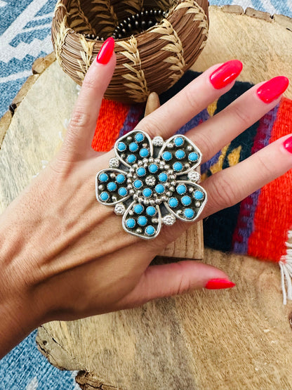 Navajo Turquoise & Sterling Silver Flower Adjustable Ring