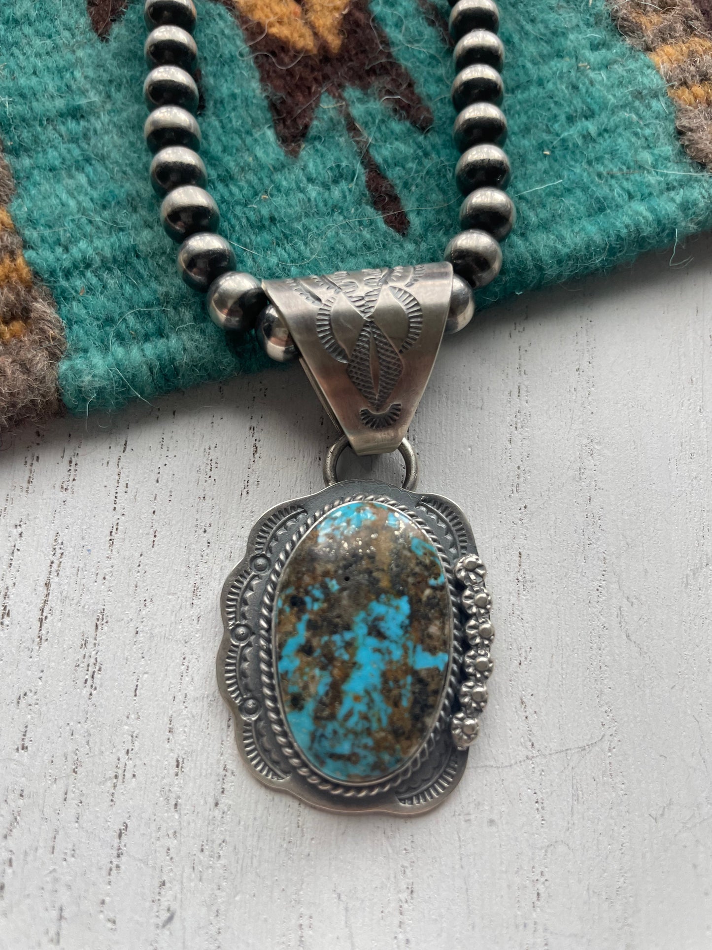 Navajo Kingman Turquoise & Sterling Silver Pendant Signed J Nelson