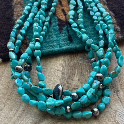 Navajo Turquoise & Sterling Silver 5 Strand Beaded Necklace 20”