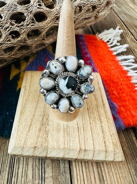 Navajo Sterling Silver And White Buffalo Cluster Adjustable Ring