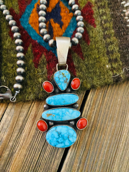 Navajo Sterling Silver, Turquoise & Coral Beaded Necklace