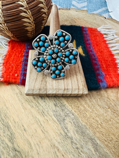 Navajo Turquoise & Sterling Silver Flower Adjustable Ring