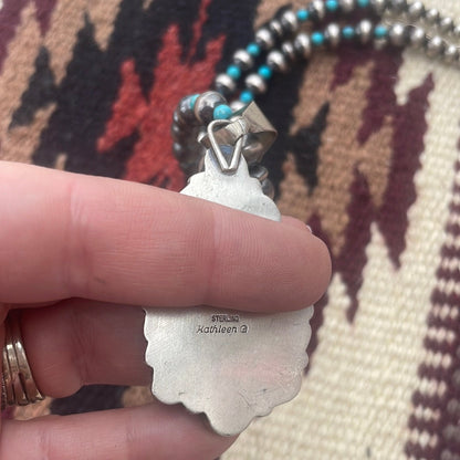 Navajo Sterling Silver & Turquoise Beaded Necklace With Pendant Signed Kathleen G