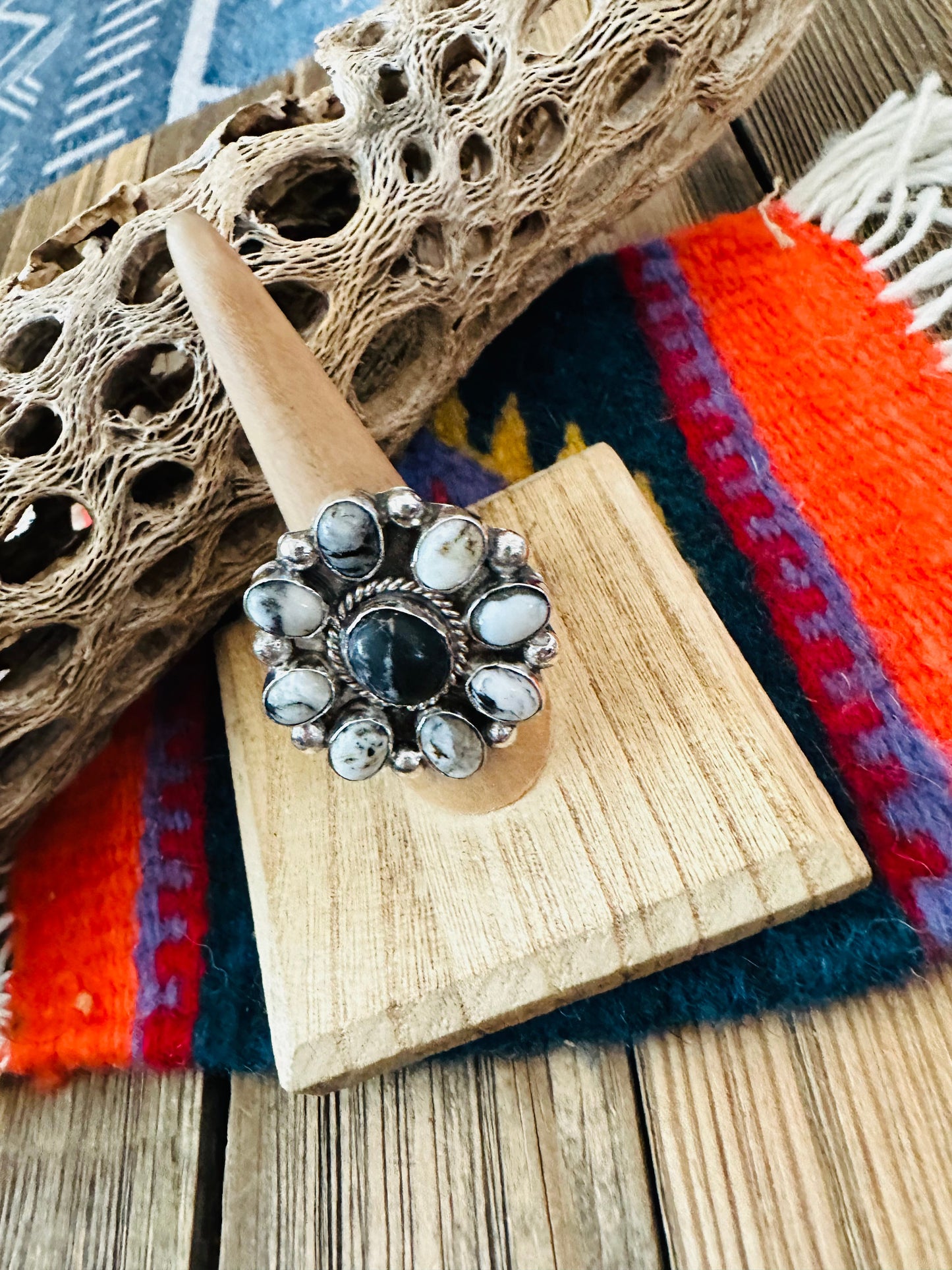 Navajo Sterling Silver And White Buffalo Cluster Adjustable Ring