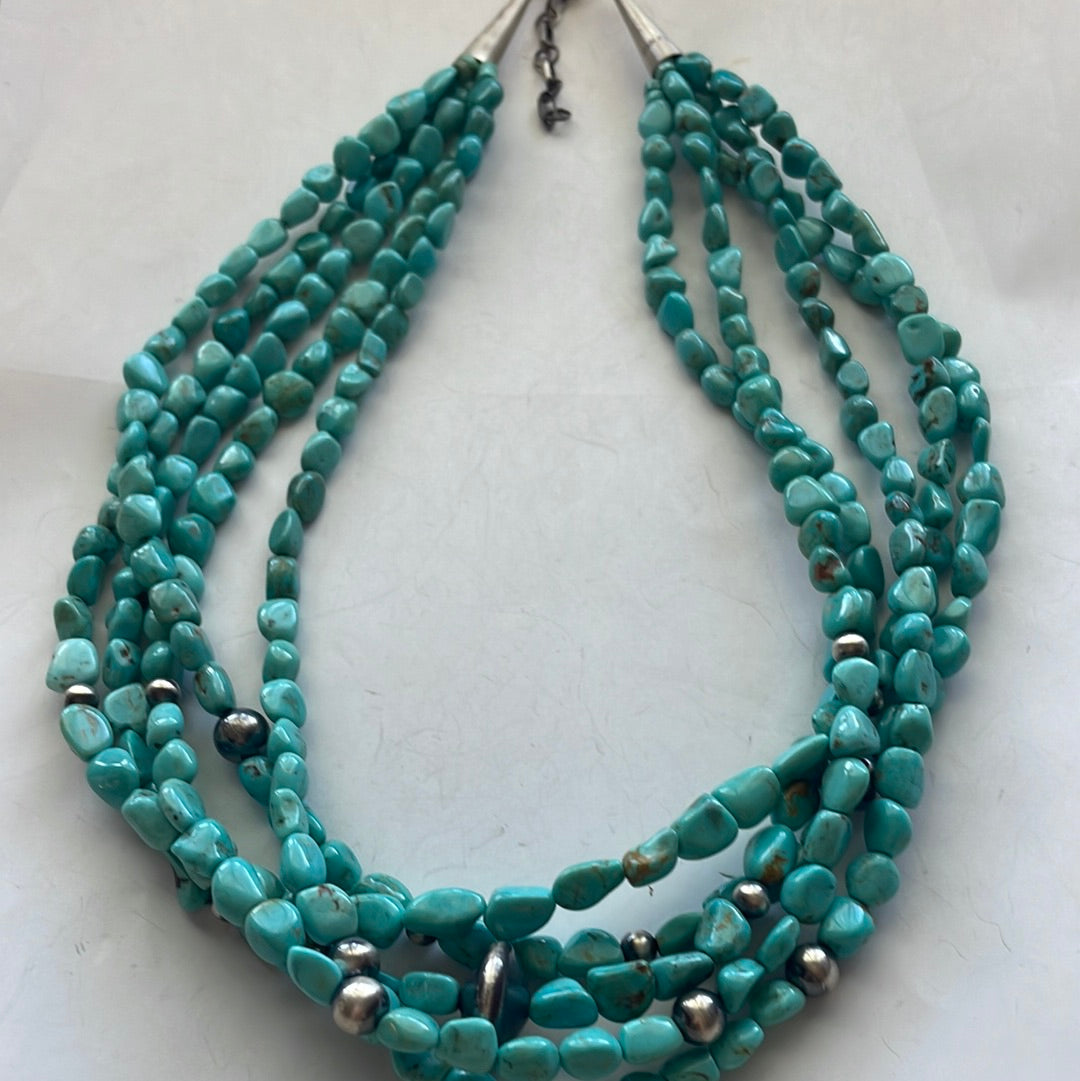 Navajo Turquoise & Sterling Silver 5 Strand Beaded Necklace 20”