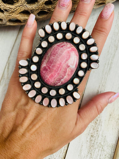 Navajo Sterling Silver, Mother of Pearl & Rhodochrosite Cluster Adjustable Ring