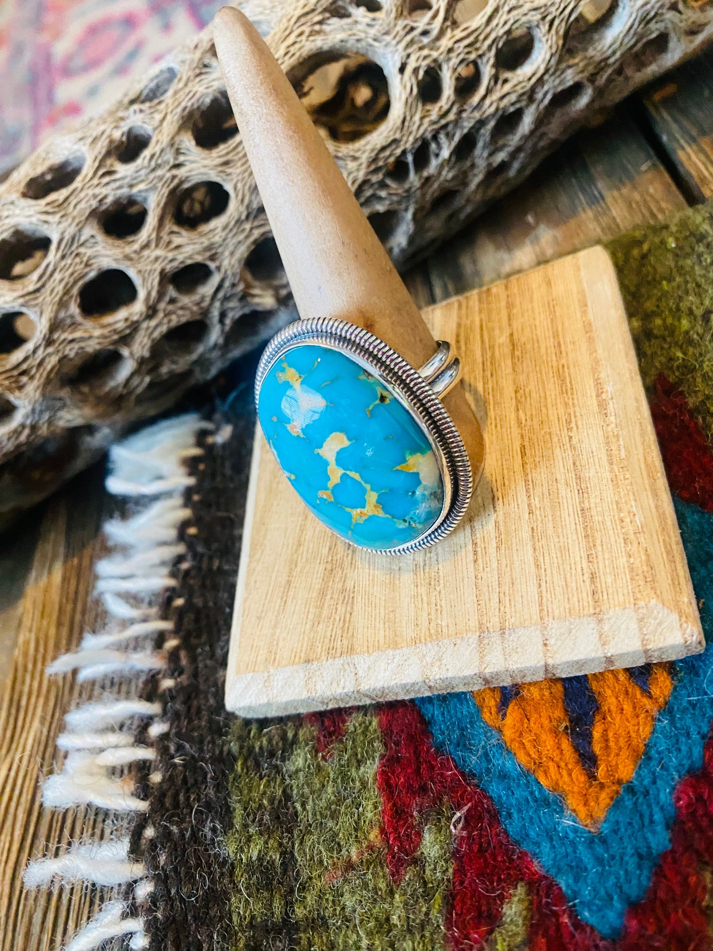 Navajo Gold Canyon Turquoise & Sterling Silver Adjustable Ring by Wydell Billie