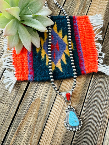 Navajo Sterling Silver, Turquoise & Coral Beaded Necklace