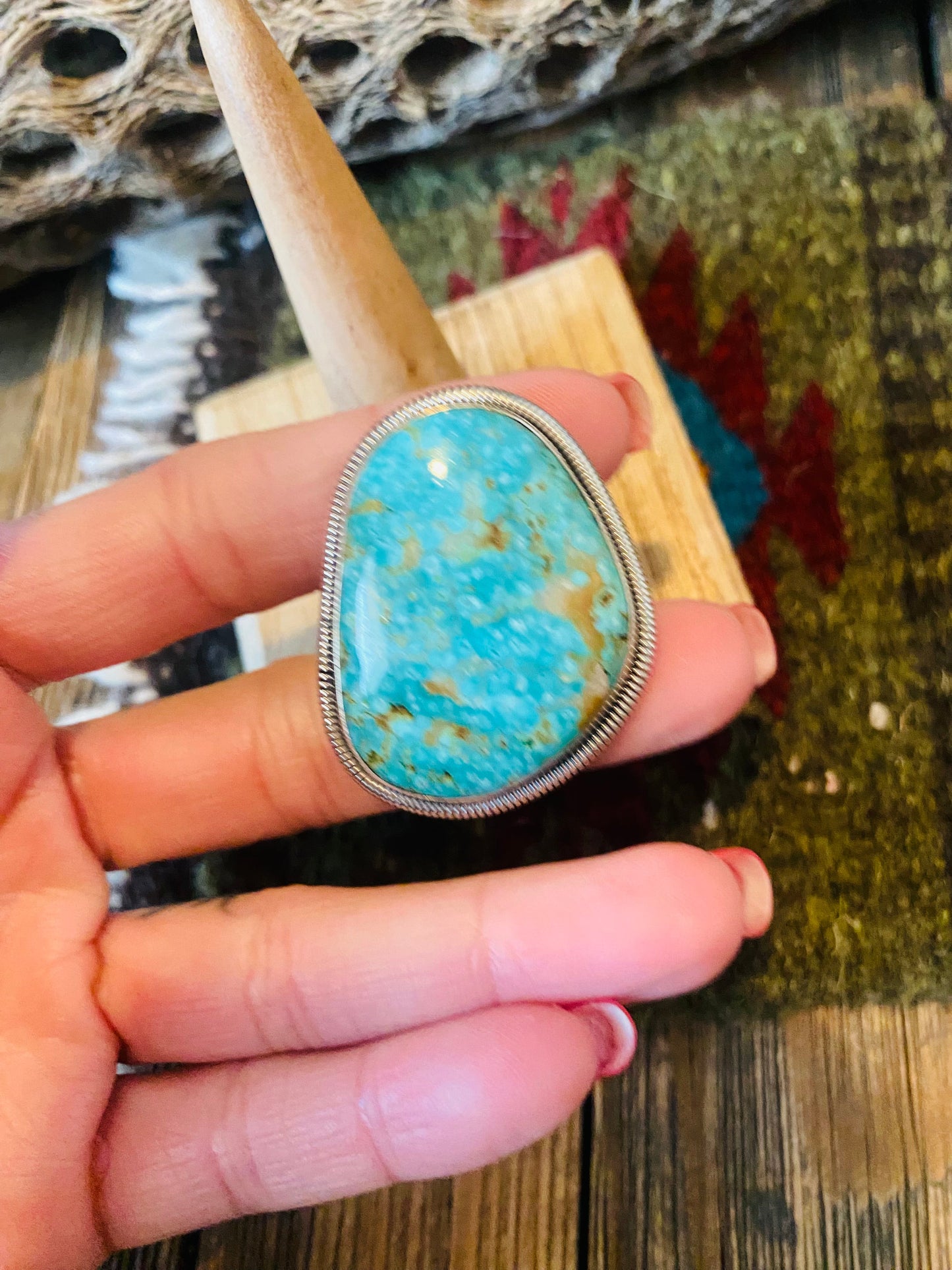 Navajo Gold Canyon Turquoise & Sterling Silver Adjustable Ring by Wydell Billie