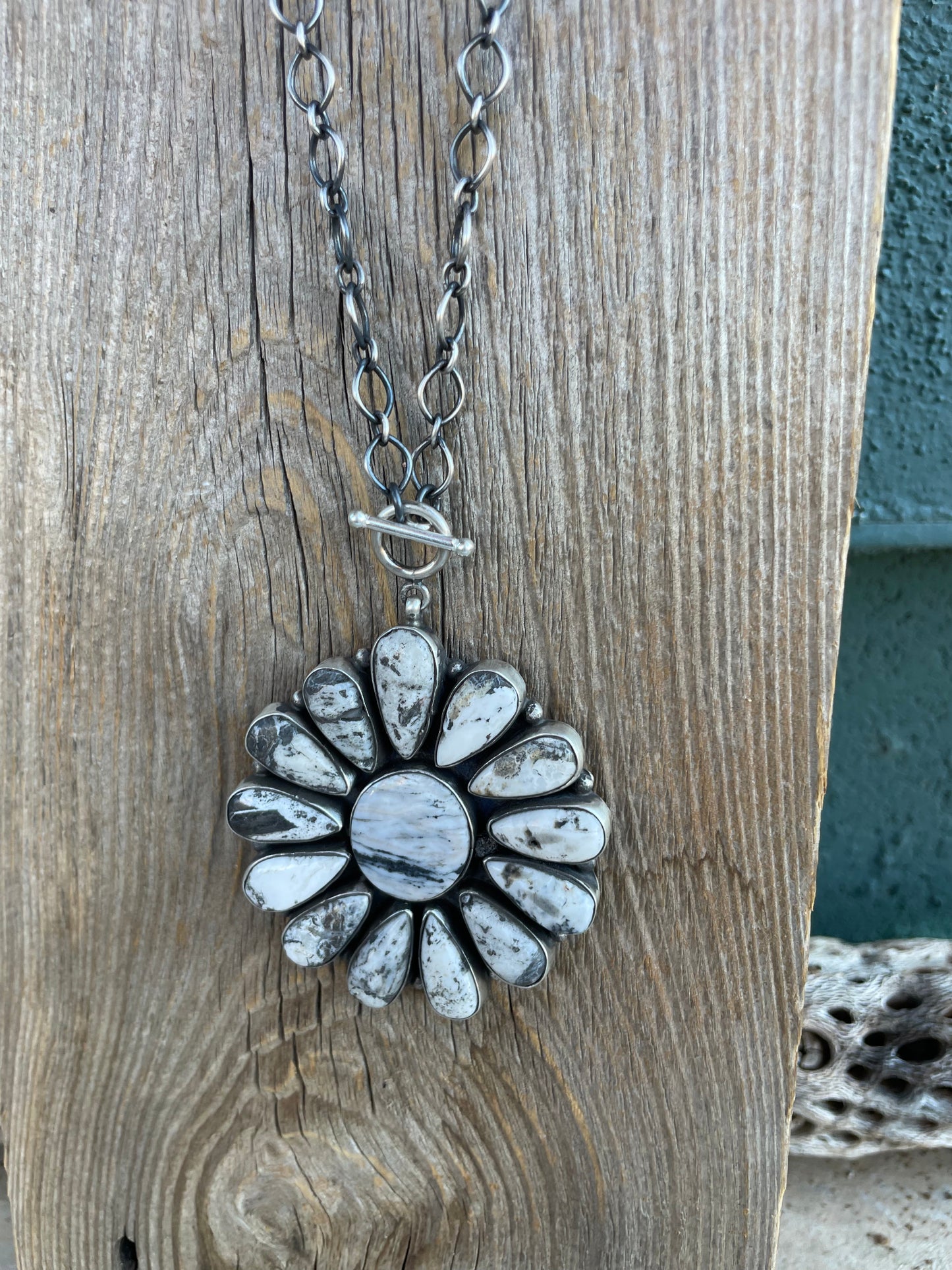 Navajo Sterling Silver And White Buffalo Cluster Necklace By Ella Peters