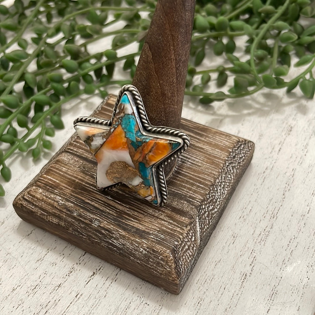 Navajo Orange Dream And Sterling Silver Star Adjustable Ring