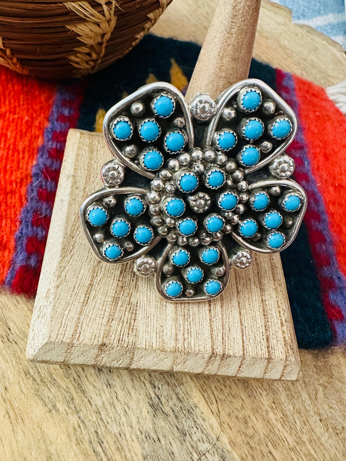 Navajo Turquoise & Sterling Silver Flower Adjustable Ring