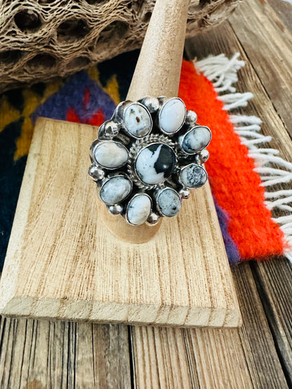 Navajo Sterling Silver And White Buffalo Cluster Adjustable Ring