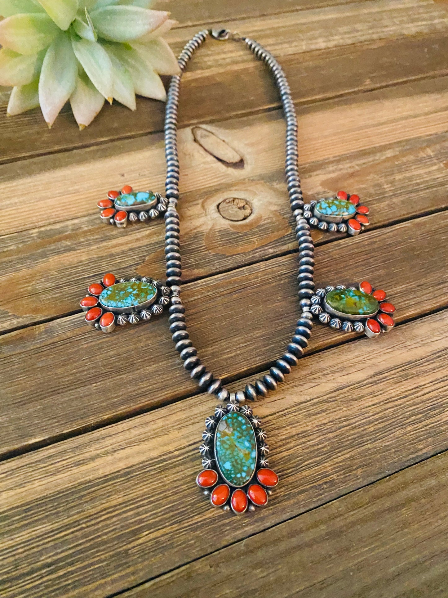 Navajo Sterling Kingman Turquoise & Natural Red Coral Necklace Taos Collection