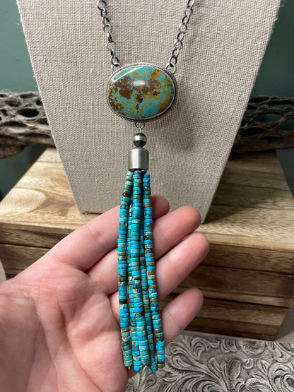 Navajo Turquoise & Sterling Silver Drop Necklace Signed Emer Thompson