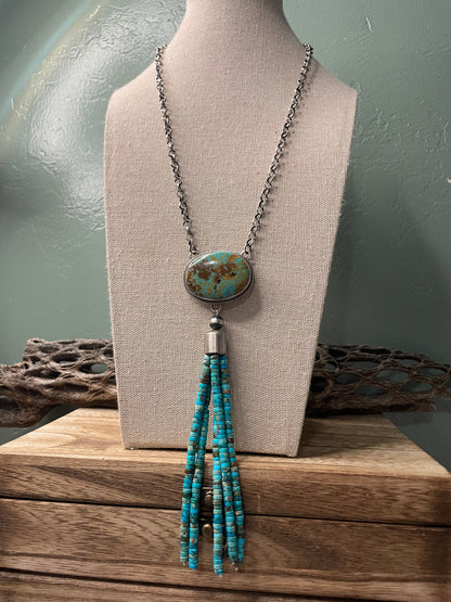 Navajo Turquoise & Sterling Silver Drop Necklace Signed Emer Thompson