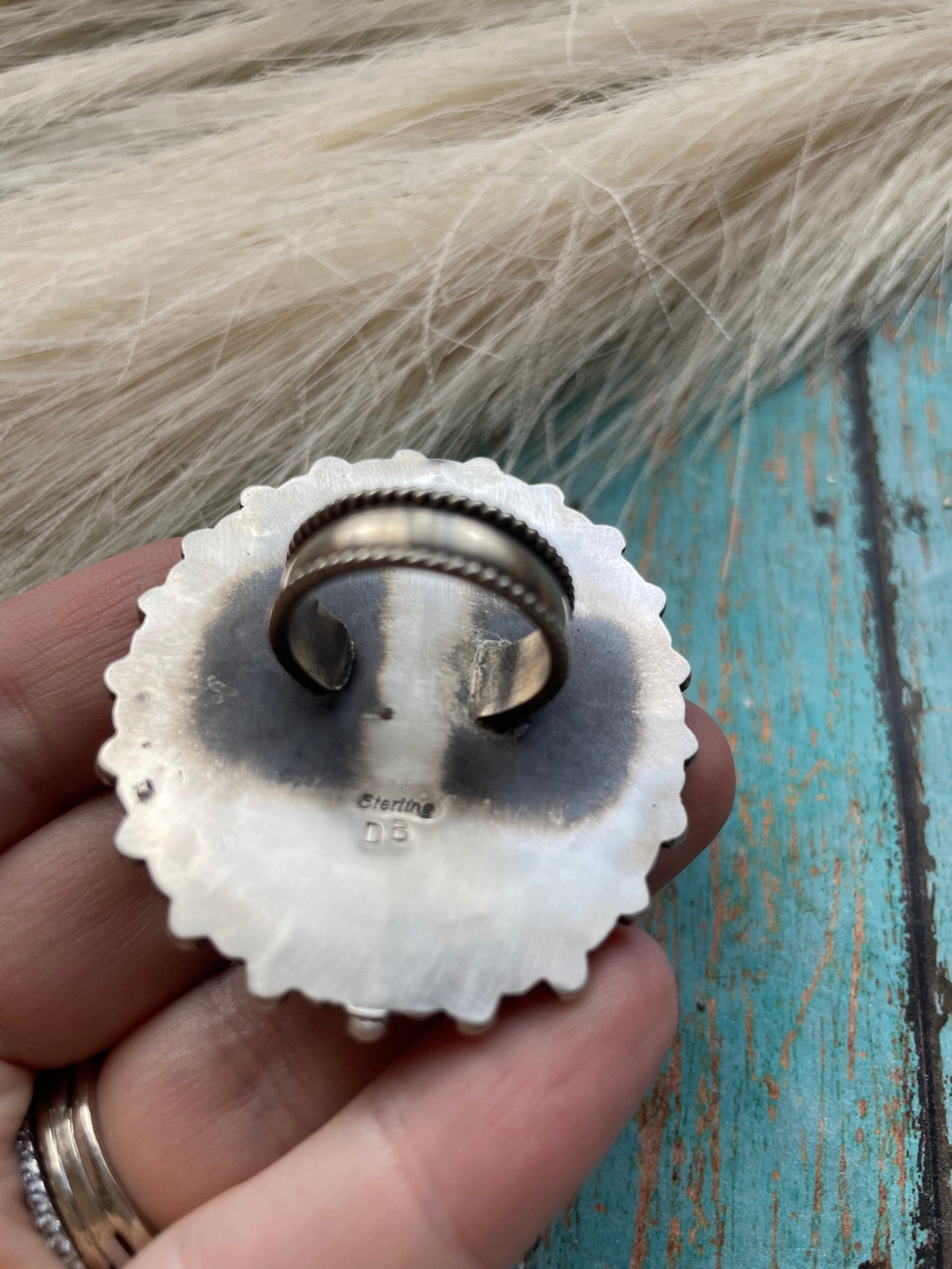 Navajo Sterling Silver Black Onyx & Mother of Pearl Adjustable Ring Signed