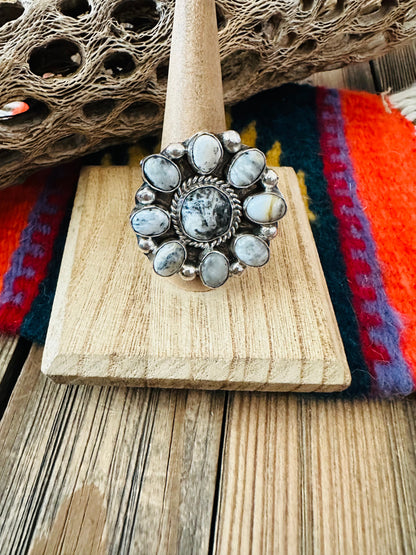 Navajo Sterling Silver And White Buffalo Cluster Adjustable Ring