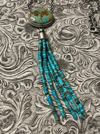 Navajo Turquoise & Sterling Silver Drop Necklace Signed Emer Thompson