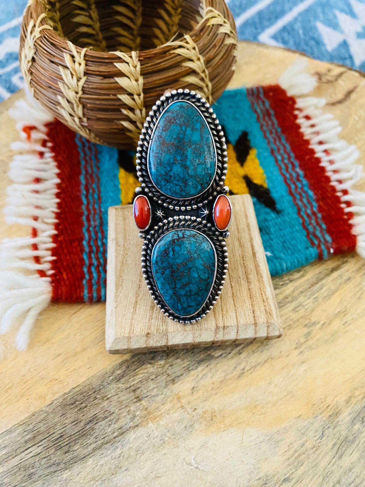 Navajo Kingman Turquoise, Coral & Sterling Silver Adjustable Ring