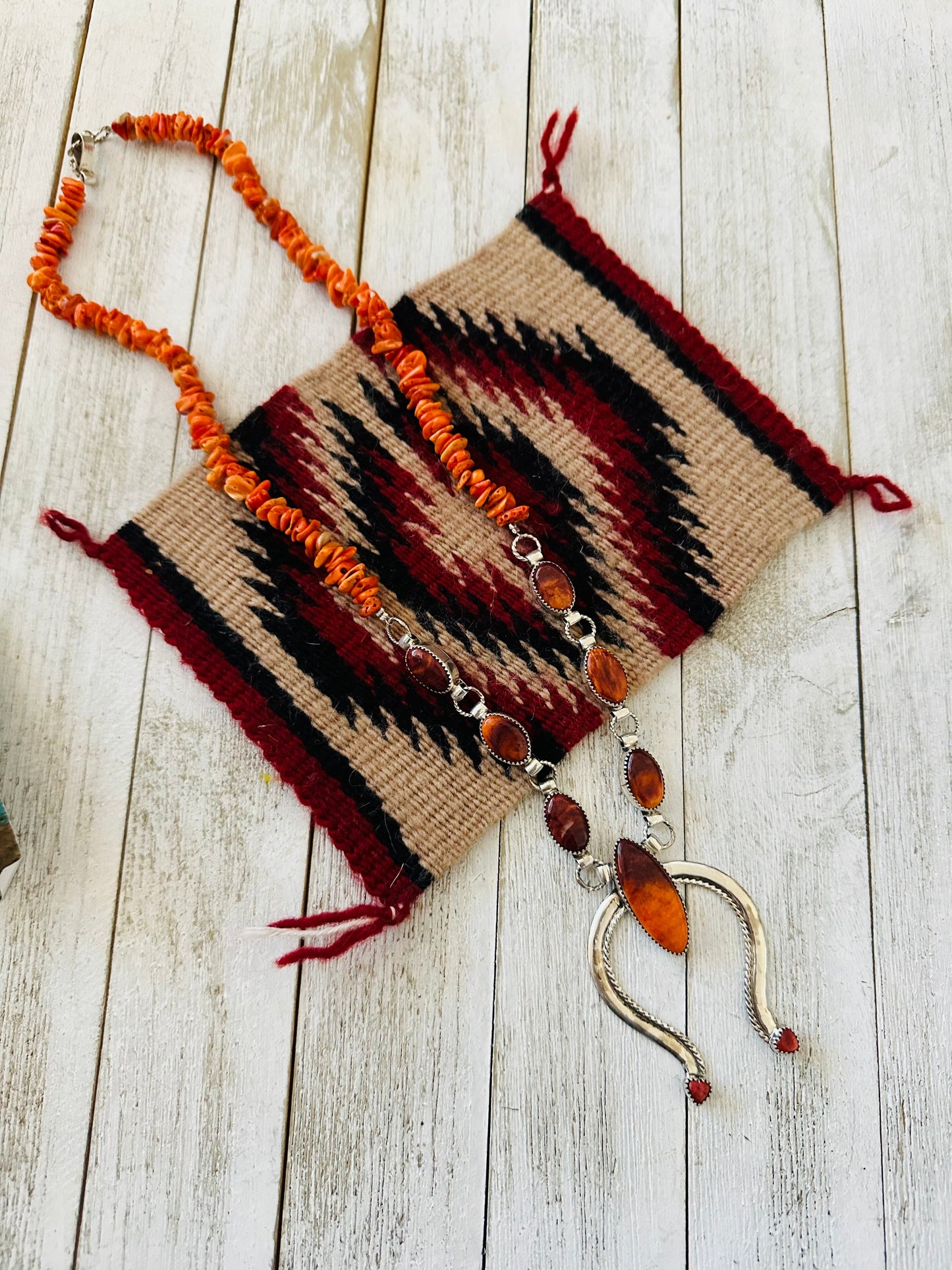 Navajo Sterling Silver & Orange Spiny Beaded Naja Necklace