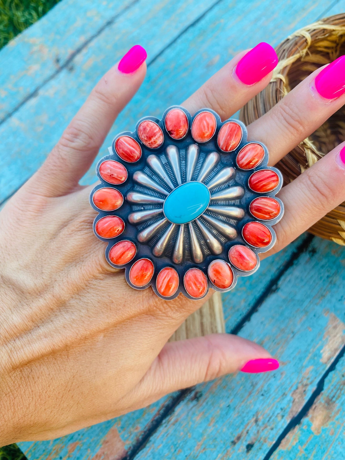 Navajo Red Spiny, Turquoise & Sterling Silver Adjustable Ring