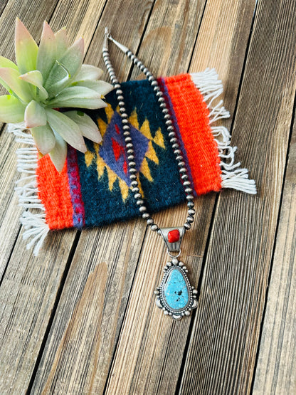 Navajo Sterling Silver, Turquoise & Coral Beaded Necklace