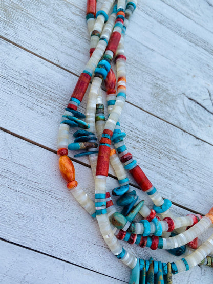 Navajo Mother of Pearl, Turquoise and Spiny Five Strand Beaded Necklace