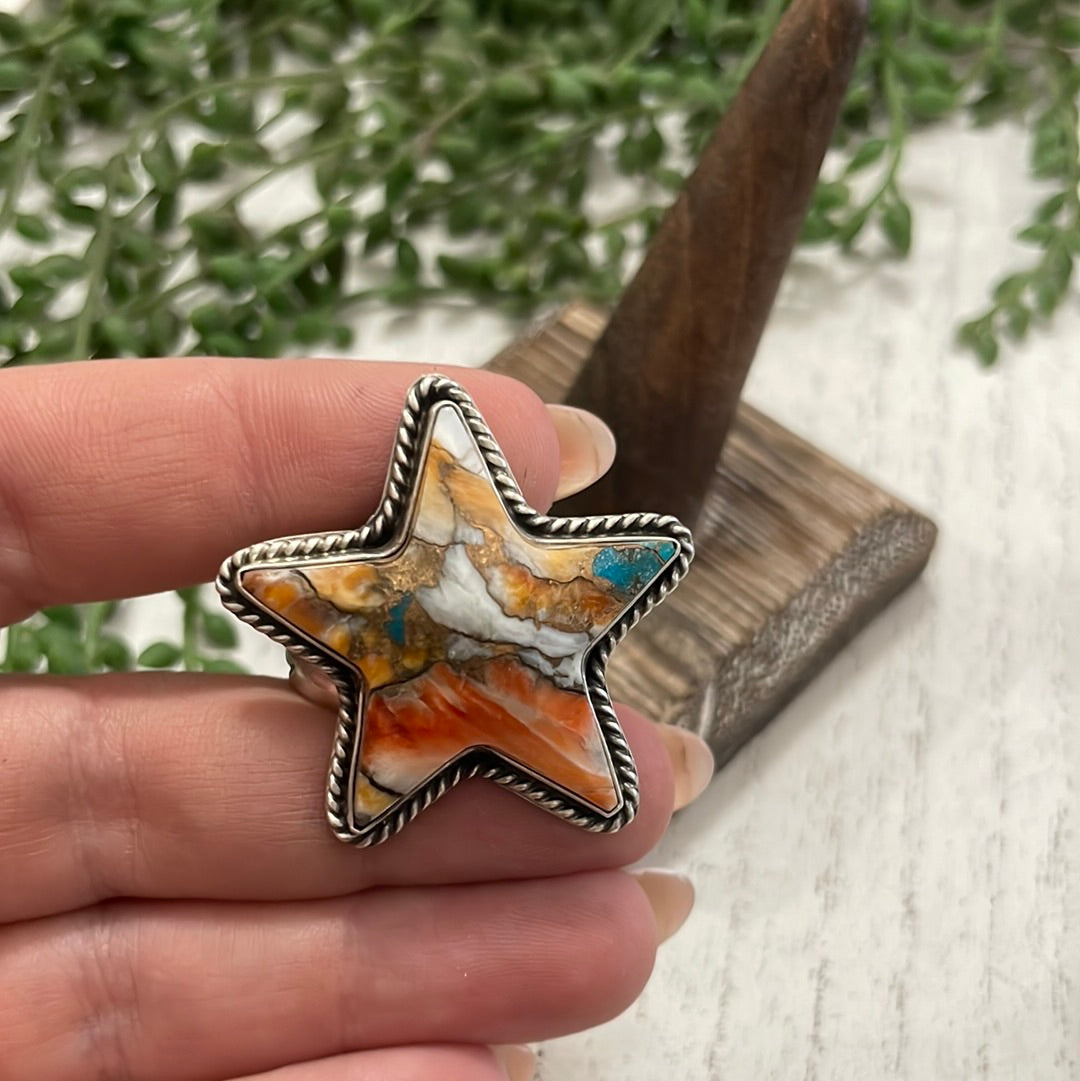 Navajo Orange Dream And Sterling Silver Star Adjustable Ring