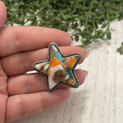 Navajo Orange Dream And Sterling Silver Star Adjustable Ring