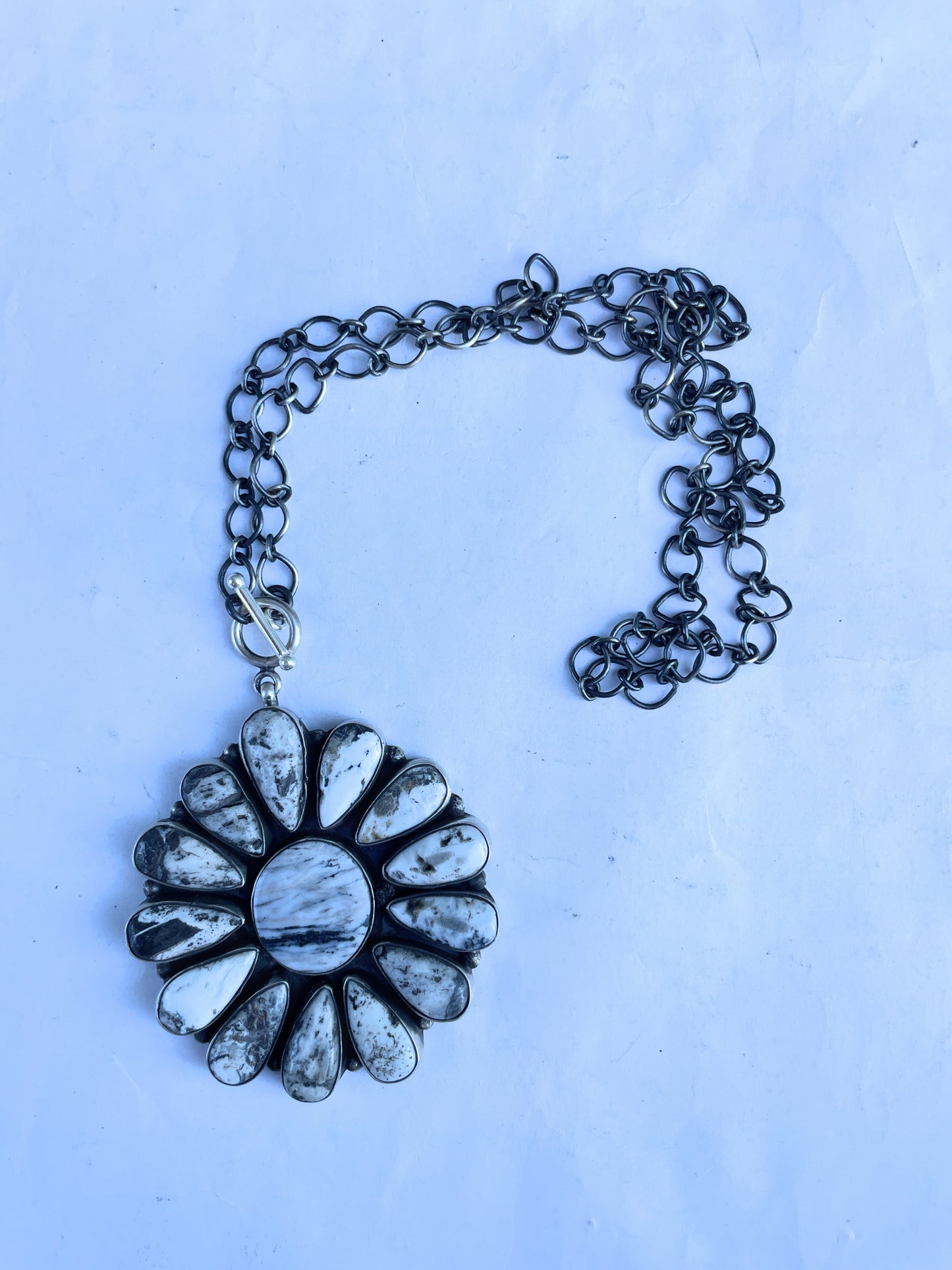 Navajo Sterling Silver And White Buffalo Cluster Necklace By Ella Peters
