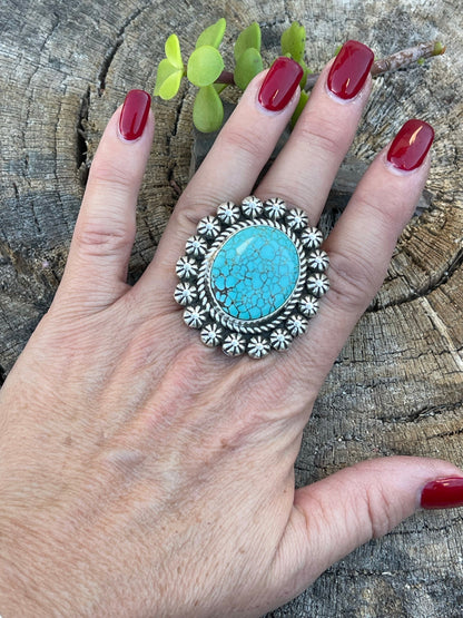 Navajo Sterling Silver Kingman Web Turquoise Adjustable Ring Artist Abel Toledo