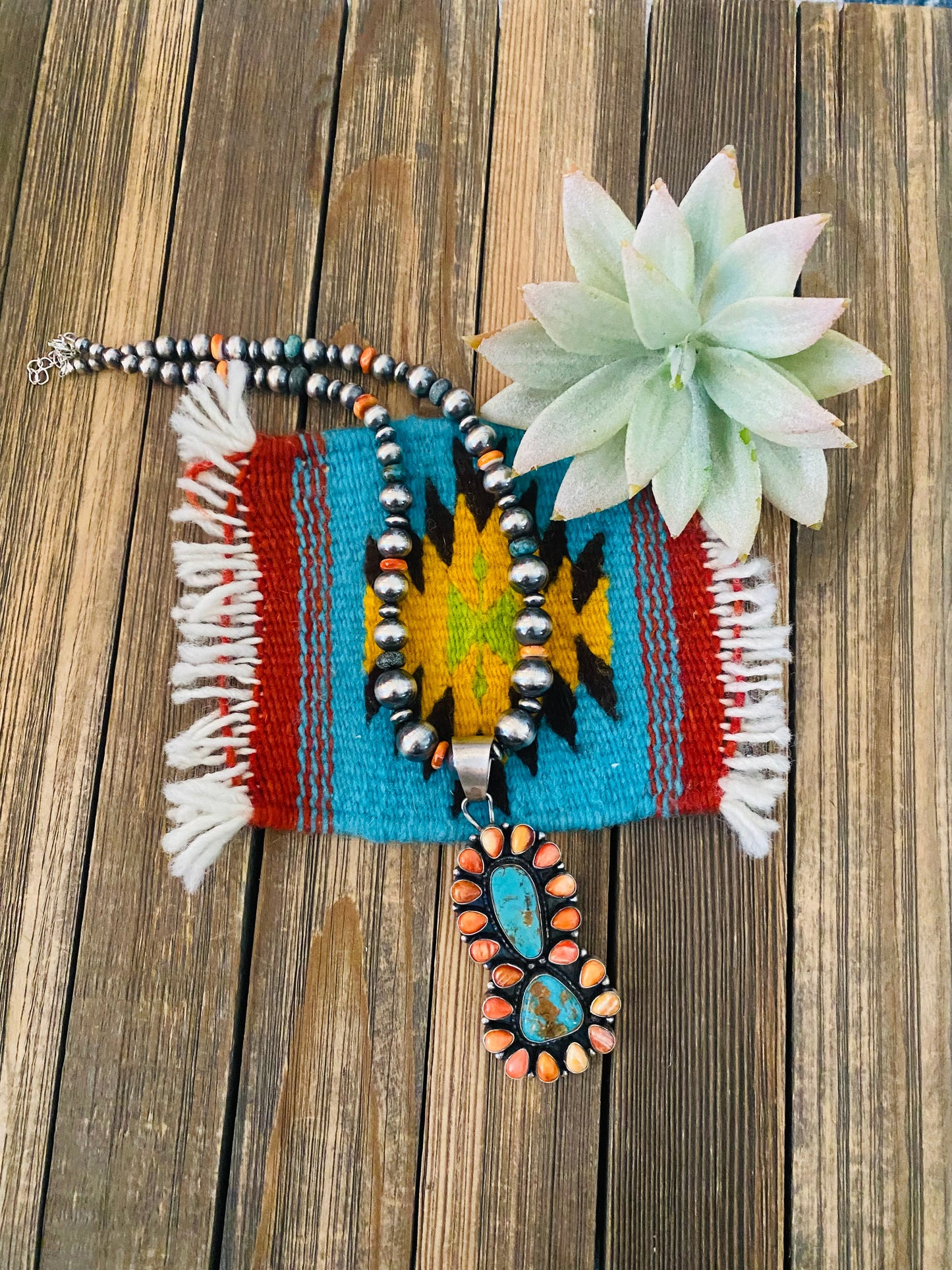 Navajo Sterling Silver, Turquoise & Spiny Beaded Necklace