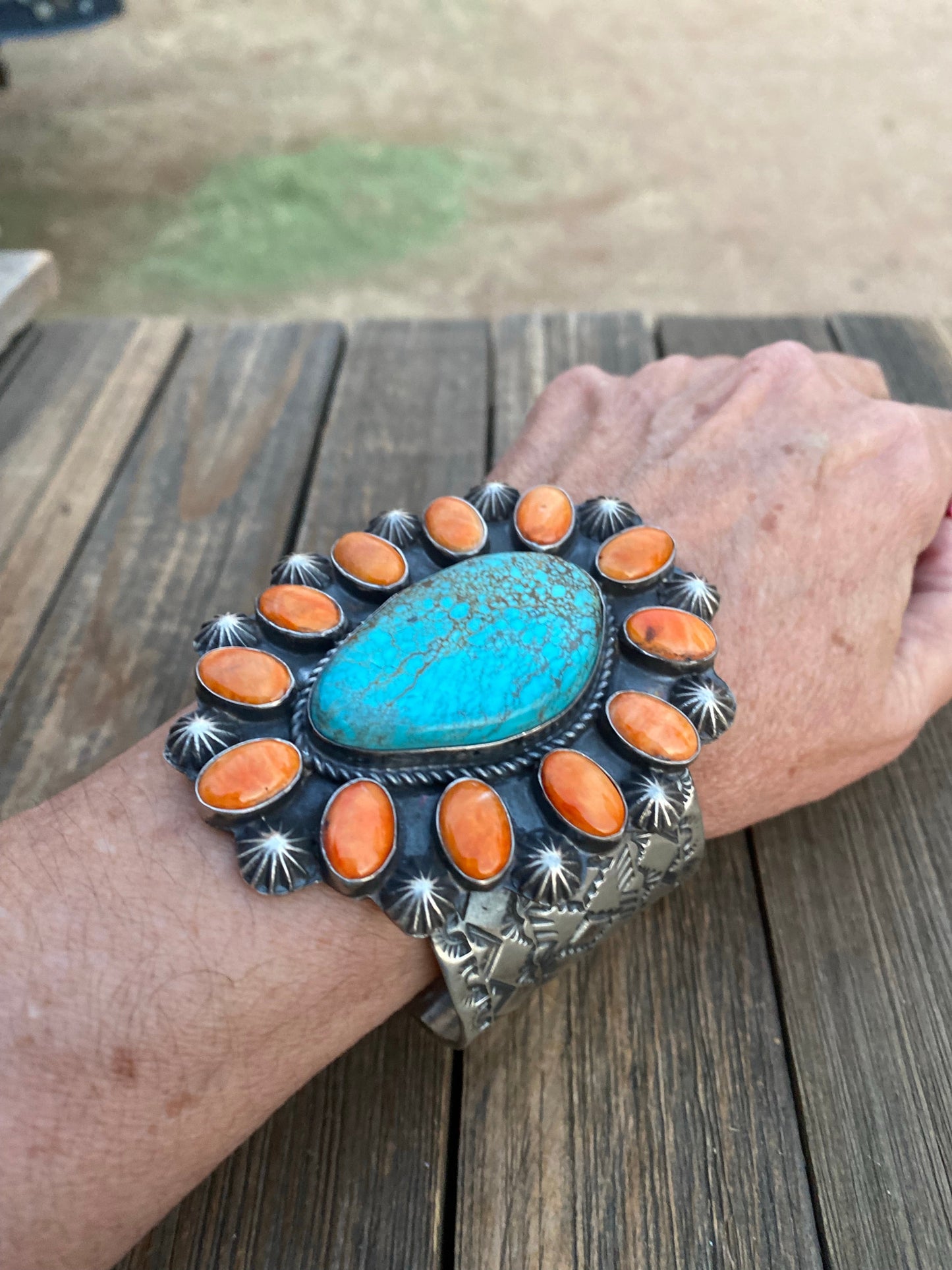 Kingman Turquoise & Spiny Sterling Silver Bracelet Signed