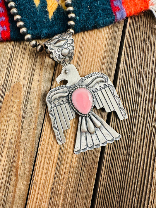 Navajo Queen Pink Conch & Sterling Silver Thunderbird Pendant By Shawn Cayatineto