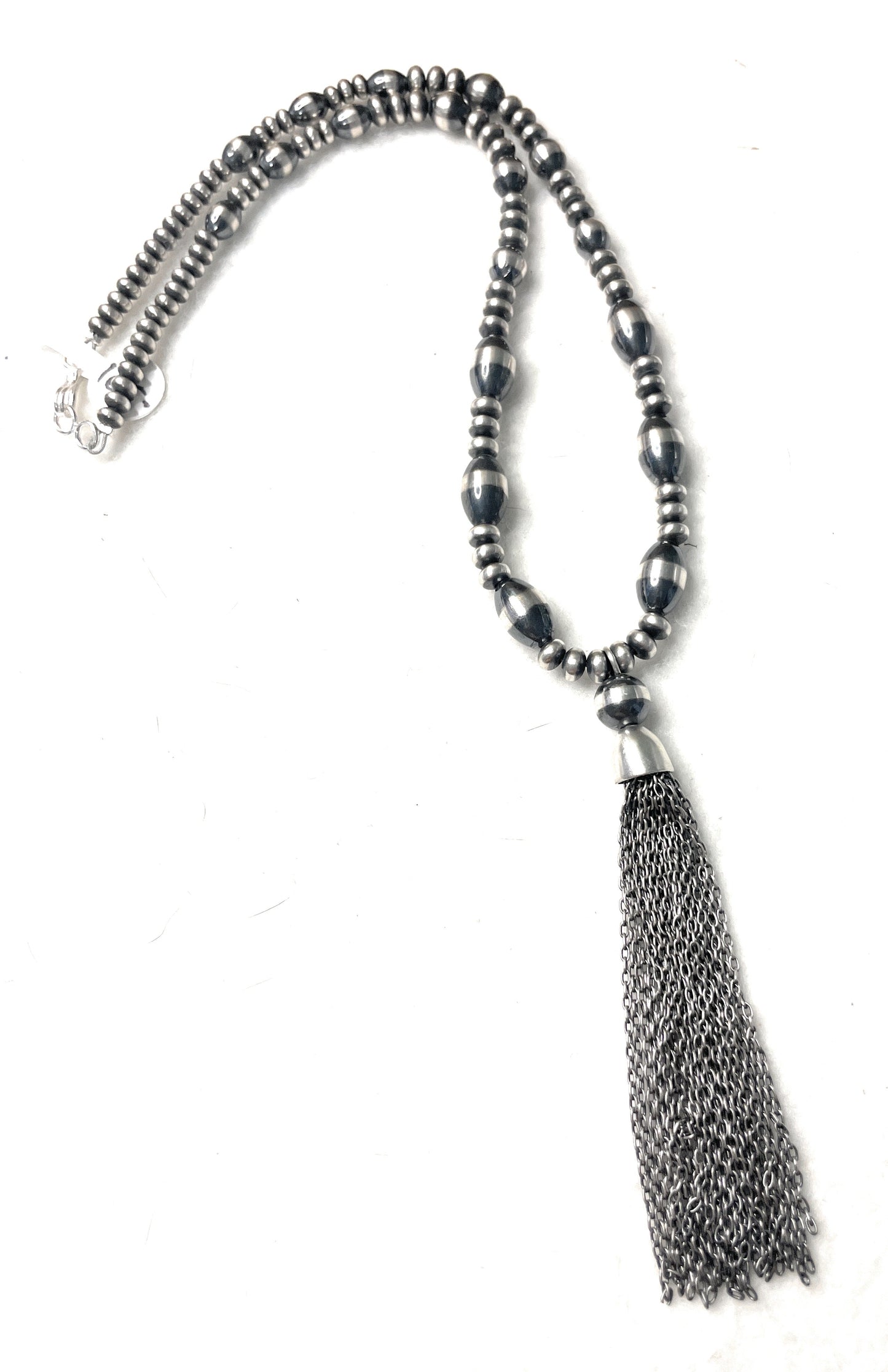 Navajo Sterling Silver Tassel Beaded Necklace 18”