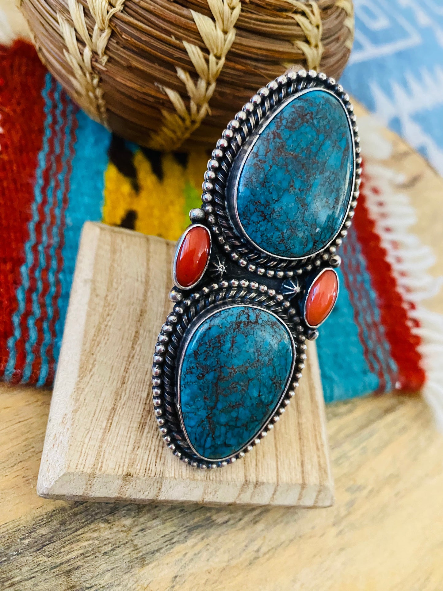 Navajo Kingman Turquoise, Coral & Sterling Silver Adjustable Ring