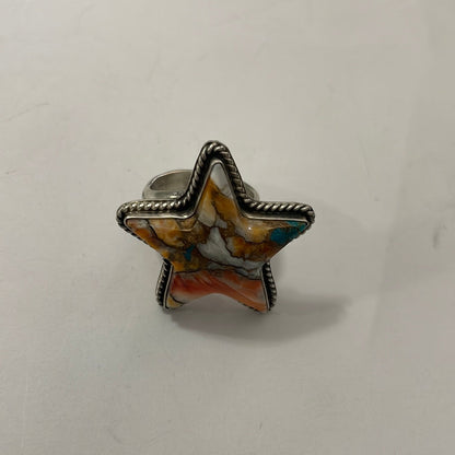 Navajo Orange Dream And Sterling Silver Star Adjustable Ring