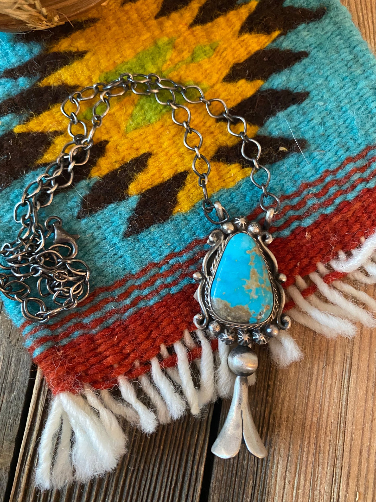 Navajo Sterling Silver & Kingman Turquoise Blossom Necklace Signed