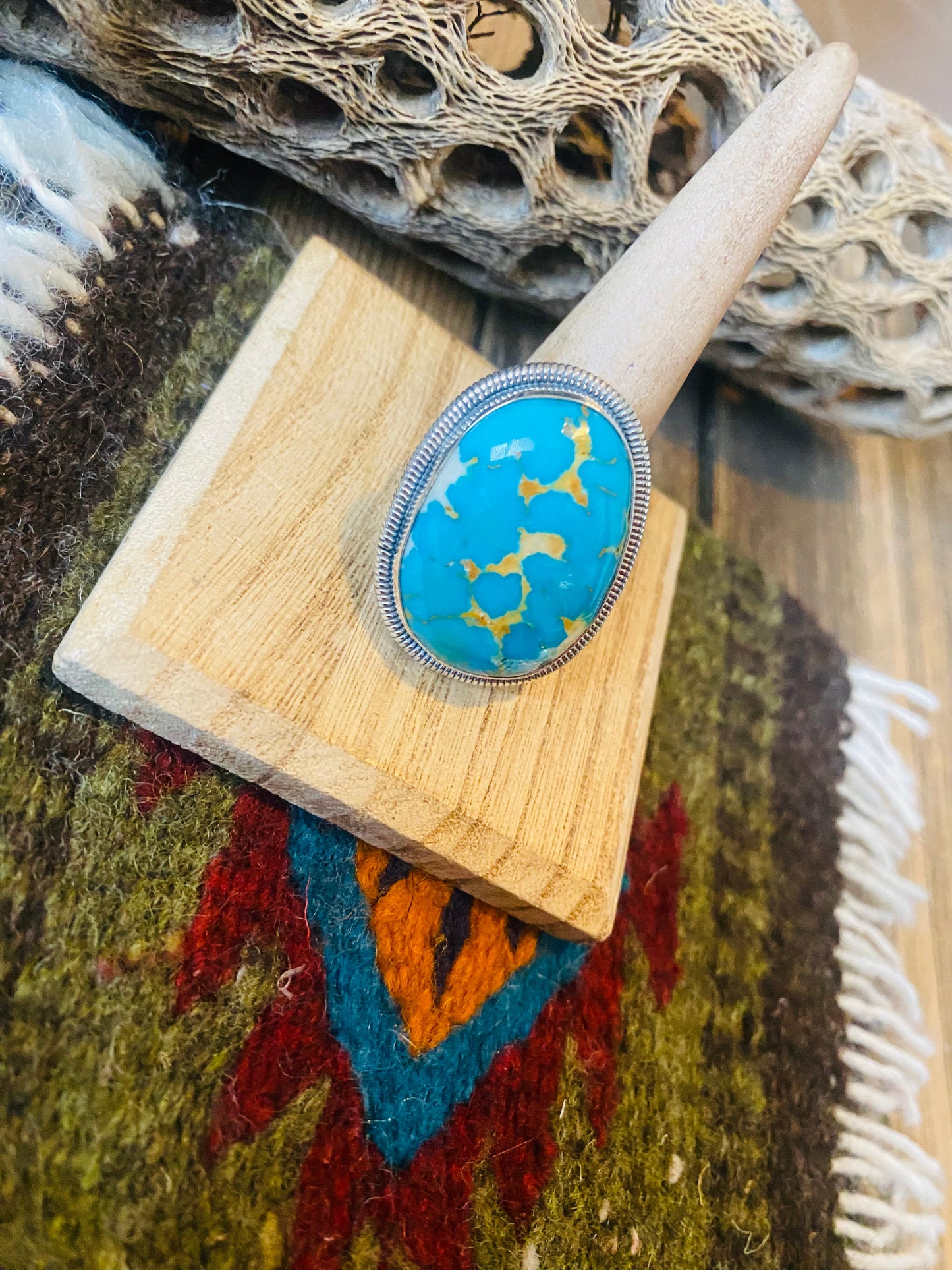 Navajo Gold Canyon Turquoise & Sterling Silver Adjustable Ring by Wydell Billie