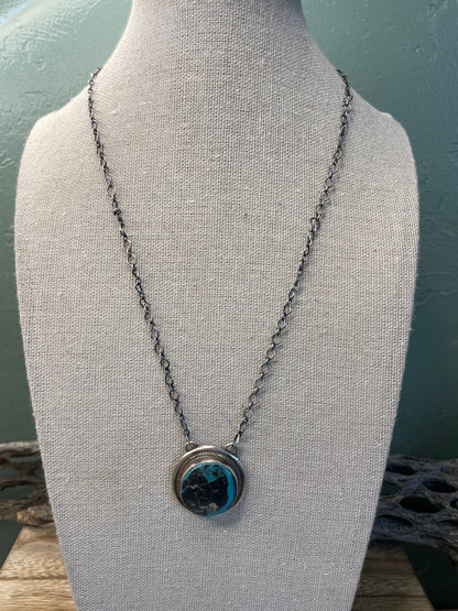 Navajo Sterling Silver And Kingman Turquoise Necklace Signed