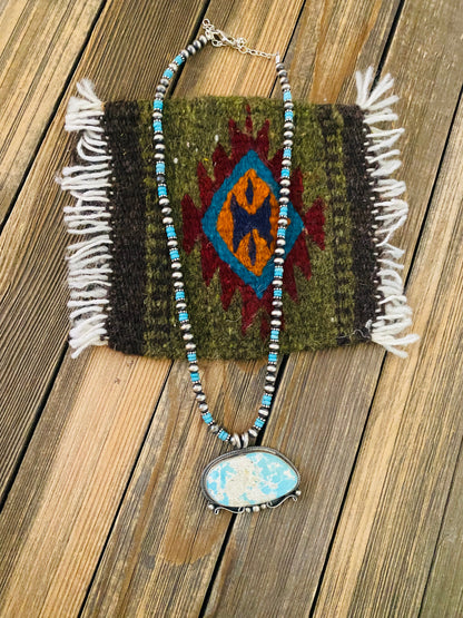 Navajo Sterling Silver & Carico Lake Turquoise Beaded Necklace