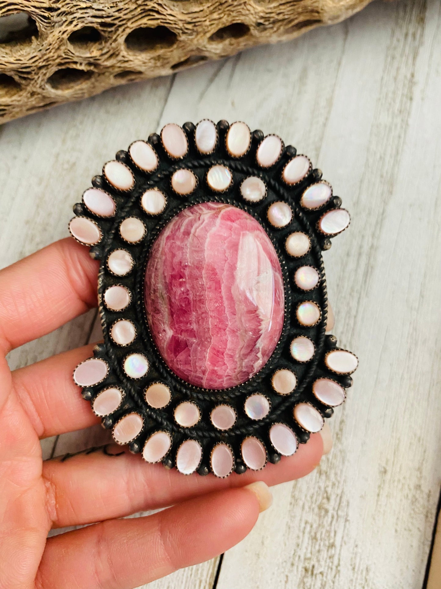 Navajo Sterling Silver, Mother of Pearl & Rhodochrosite Cluster Adjustable Ring