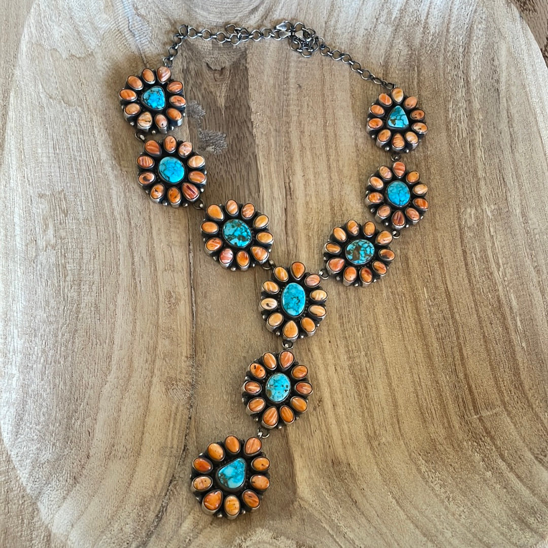 Navajo Sterling Silver Turquoise & Orange Spiny Necklace