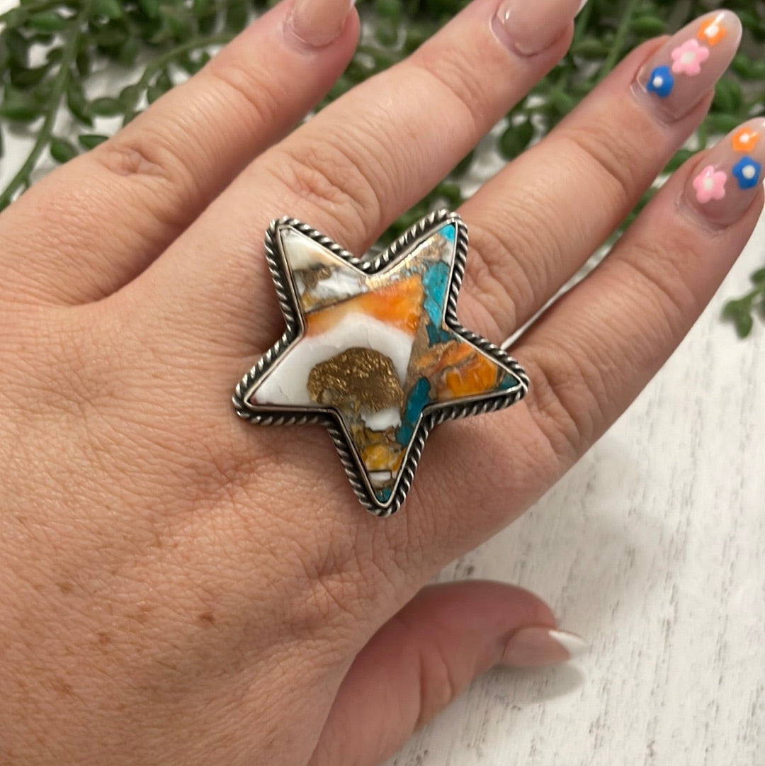 Navajo Orange Dream And Sterling Silver Star Adjustable Ring