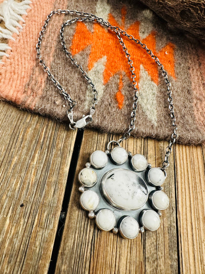 Navajo Sterling Silver & White Buffalo Cluster Necklace Signed