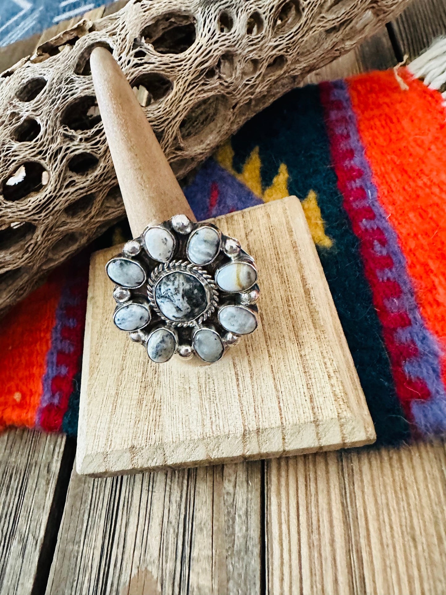 Navajo Sterling Silver And White Buffalo Cluster Adjustable Ring