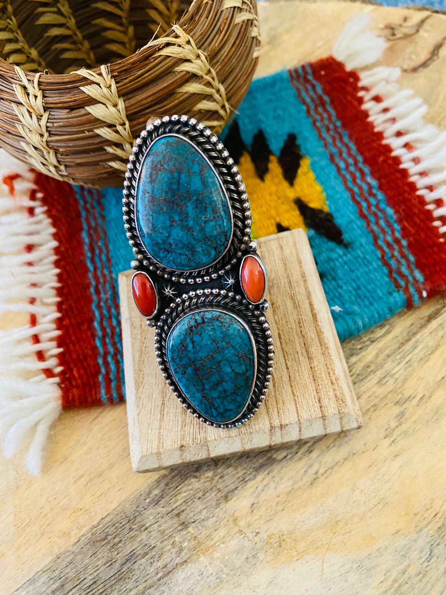 Navajo Kingman Turquoise, Coral & Sterling Silver Adjustable Ring