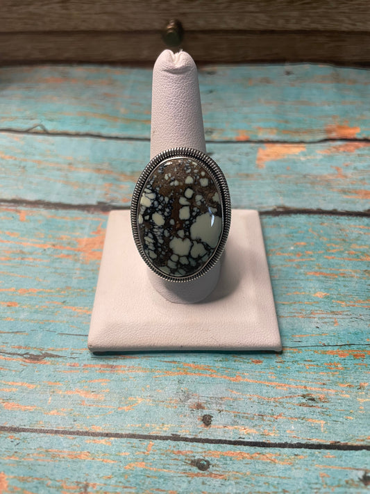 Navajo New Lander Turquoise And Sterling Silver Adjustable Ring